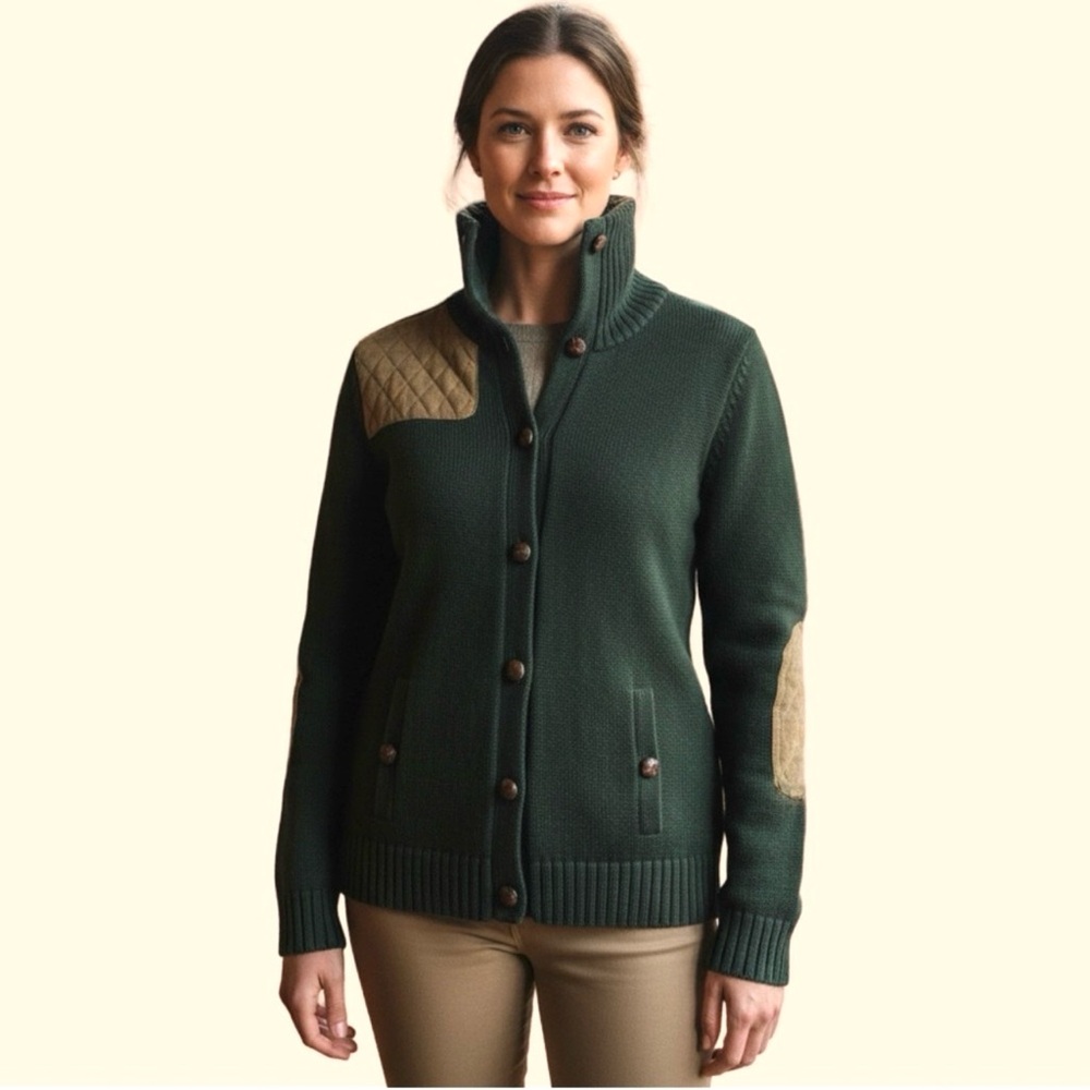 VTG Lauren Ralph Lauren Hunter Green Button Down Sweater ~ Elbow Patches